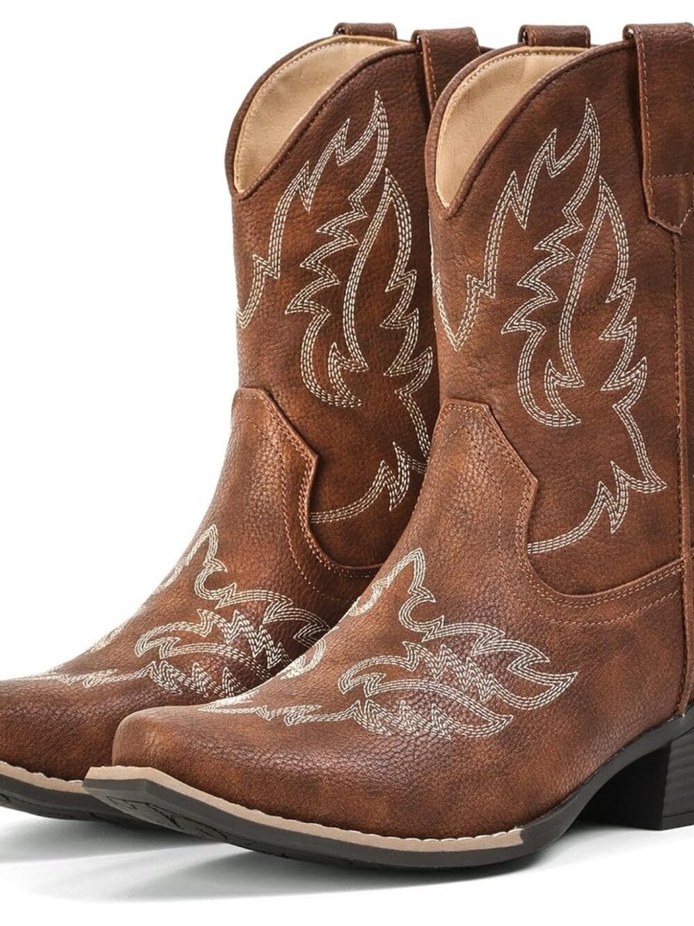 Women's Brown Ankle Western Cowgirl Mid Calf Snip Toe Chunky Shoes Booties
